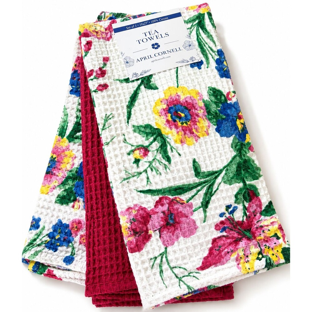 April Cornell Kitchen Dish Towels Set of 3 White Pink Blue Floral Waffle Weave